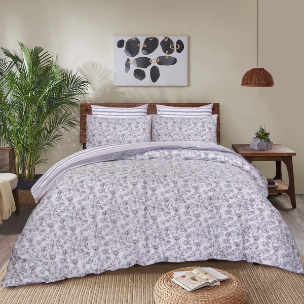 Vintage Grey Floral Percale Cotton Duvet Cover Set