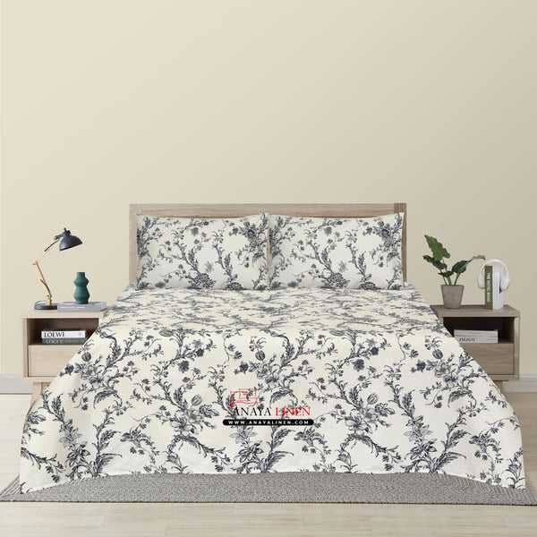 Vintage Floral Bedsheet – Black Elegance on Cream Canvas