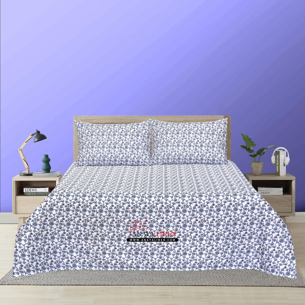 Elegant Blue Blossom Cotton Bedsheet – Serene Floral Print