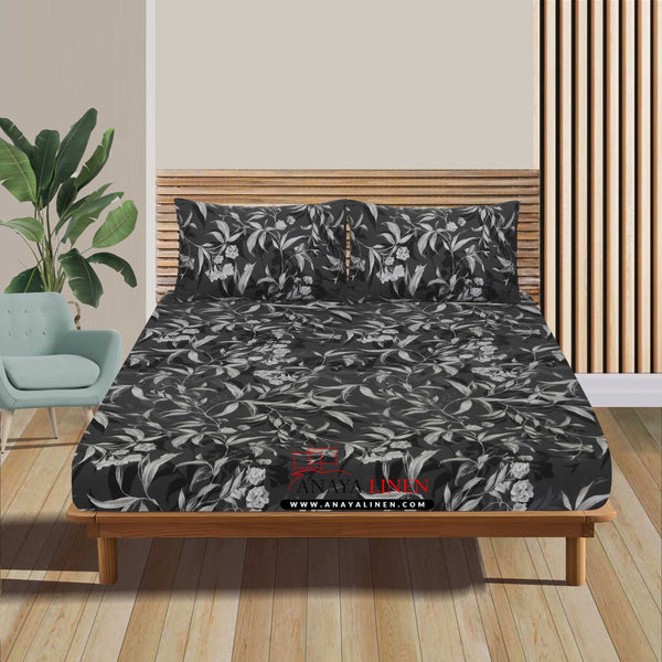 Midnight Blossom – Premium Black Floral Fitted Sheet