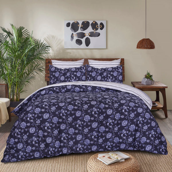 Blue Floral Percale Cotton Duvet Cover Set
