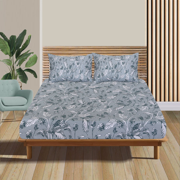 Grey Flora Percale Cotton Fitted Sheet