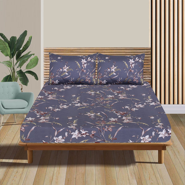 Grey Golden Floral Cotton Sateen Fitted Sheet