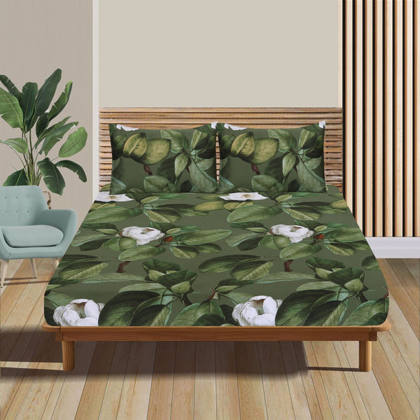 Magnolia Floral Leaves Cotton Sateen Fitted Sheet