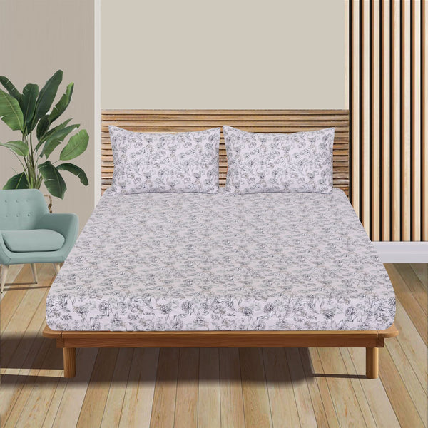 Vintage Grey Floral Percale Cotton Fitted Sheet
