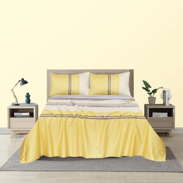 Yellow-Grey Stripes Cotton Sateen Bedsheet